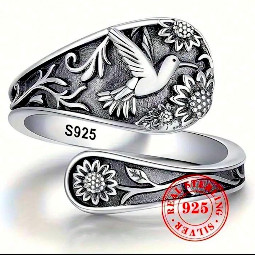 Silver Bird and Floral Design Ring